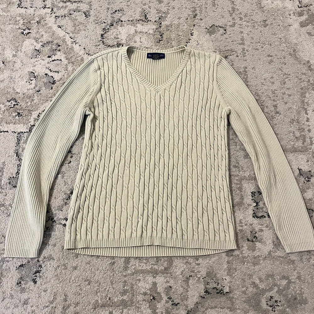 Karen Scott Light Green Cable Knit Sweater 100% Cotton Small Preppy Academia